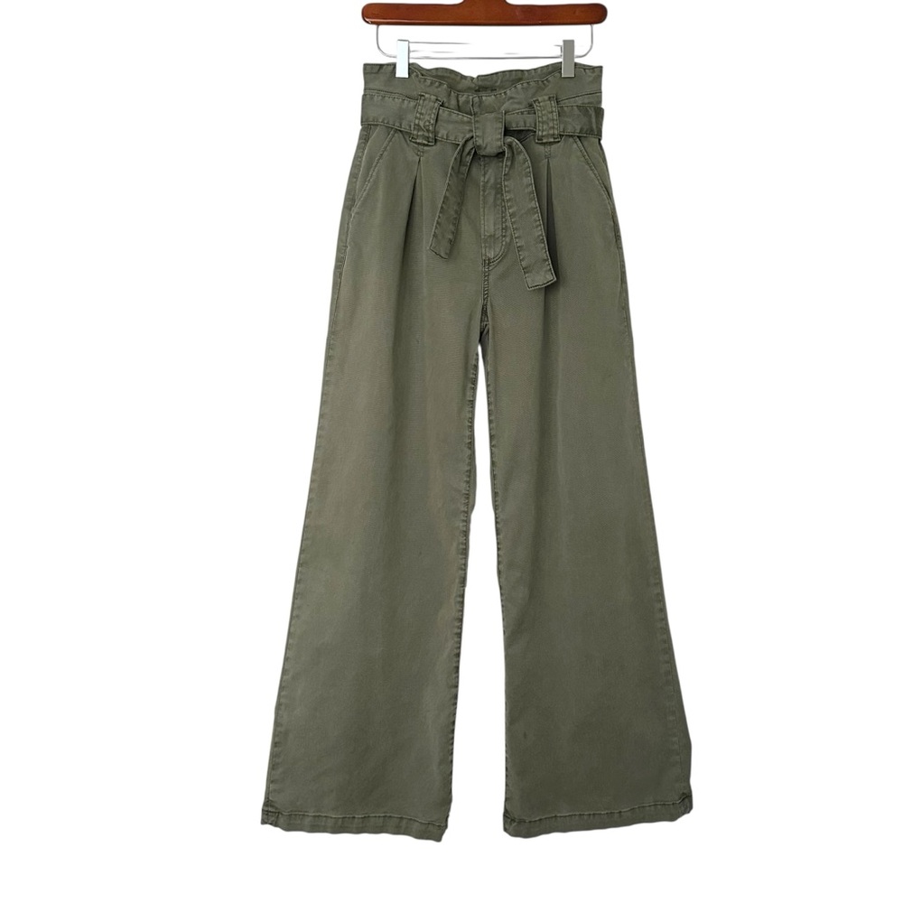 PAIGE Harper Olive‎ Green High Rise Wide Leg Paperbag Tie Waist Pants Size 27
